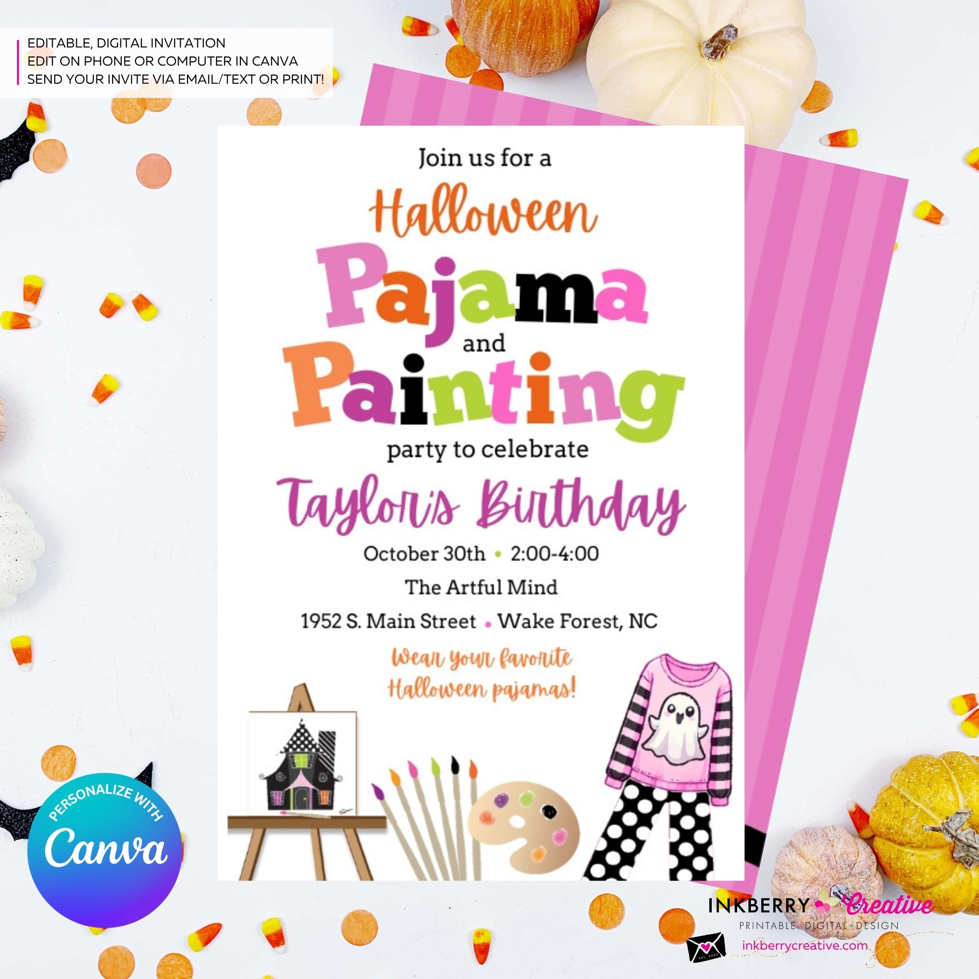 Girls Halloween Pajama and Painting Birthday Party Invitation - White - Editable in Canva