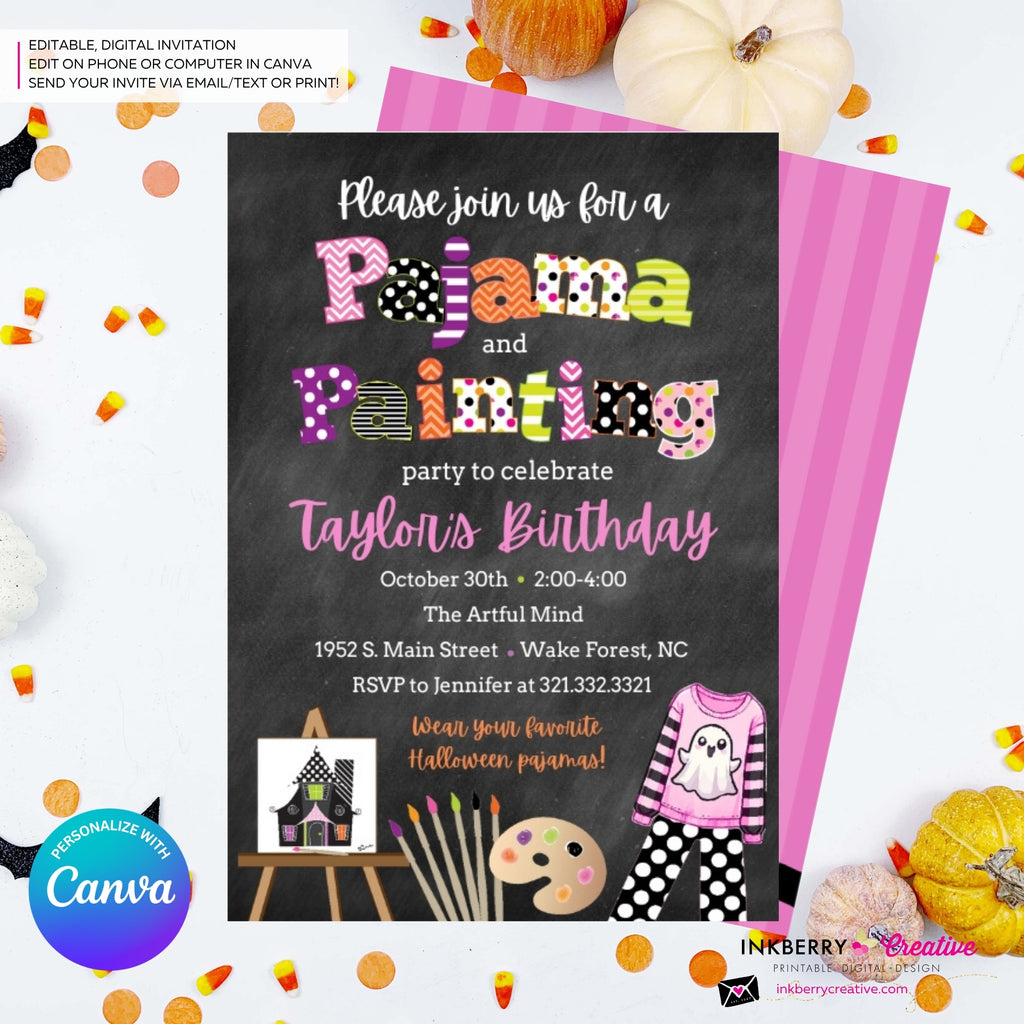 Girls Halloween Pajama and Painting Birthday Party Invitation - Chalkboard - Editable in Canva