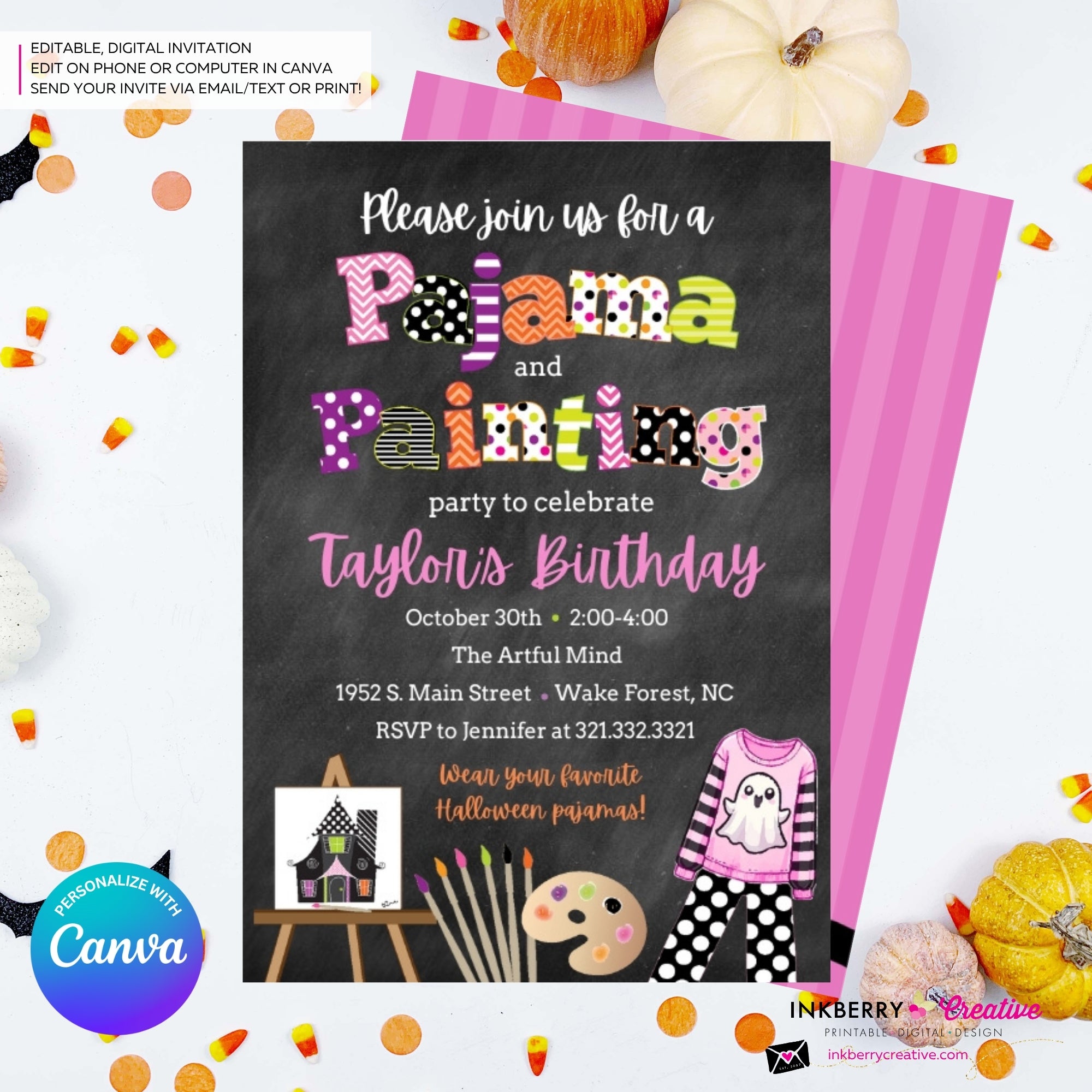 Girls Halloween Pajama and Painting Birthday Party Invitation - Chalkboard - Editable in Canva