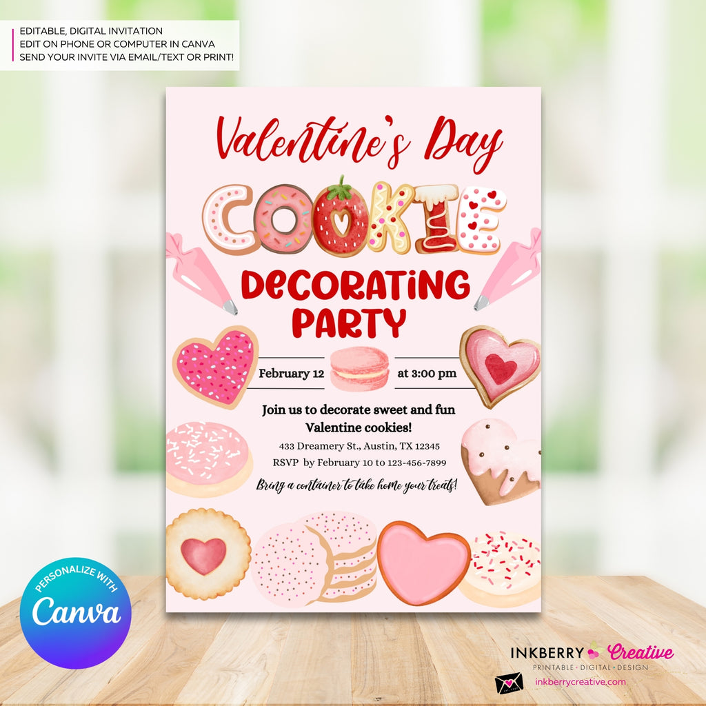 Valentine's Day Cookie Decorating Party Invitation, Editable Canva Template, Watercolor, Valentine Cookie Baking Party, Editable Canva Invite