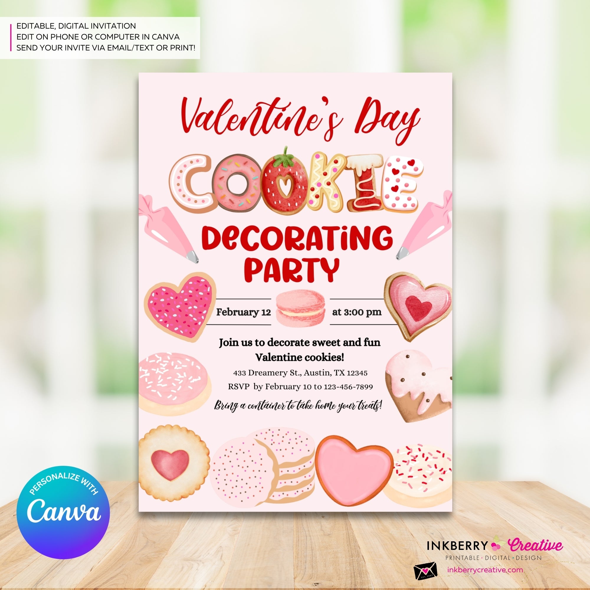 Valentine's Day Cookie Decorating Party Invitation, Editable Canva Template, Watercolor, Valentine Cookie Baking Party, Editable Canva Invite