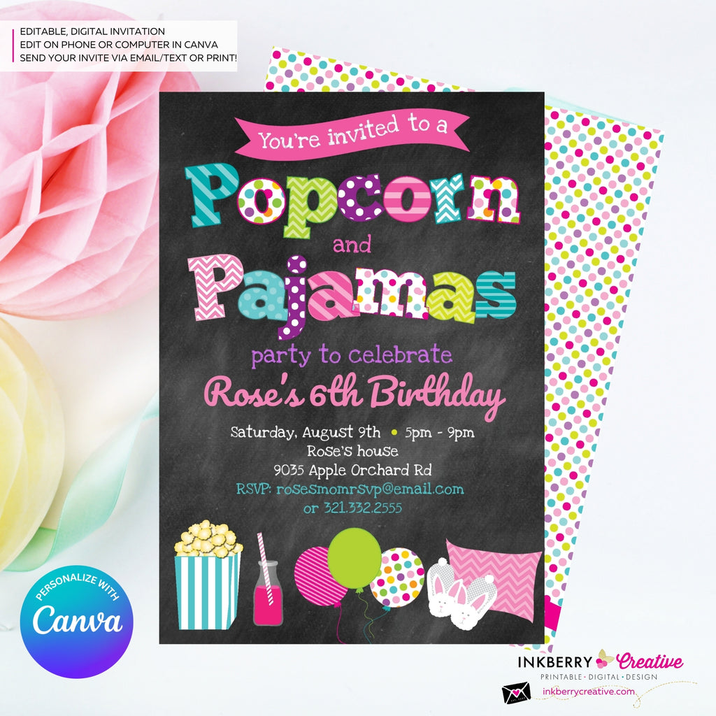 Popcorn and Pajamas (Chalkboard) Party Invitation - Kids Pizza Pajama Birthday Party Invite - Edit in Canva