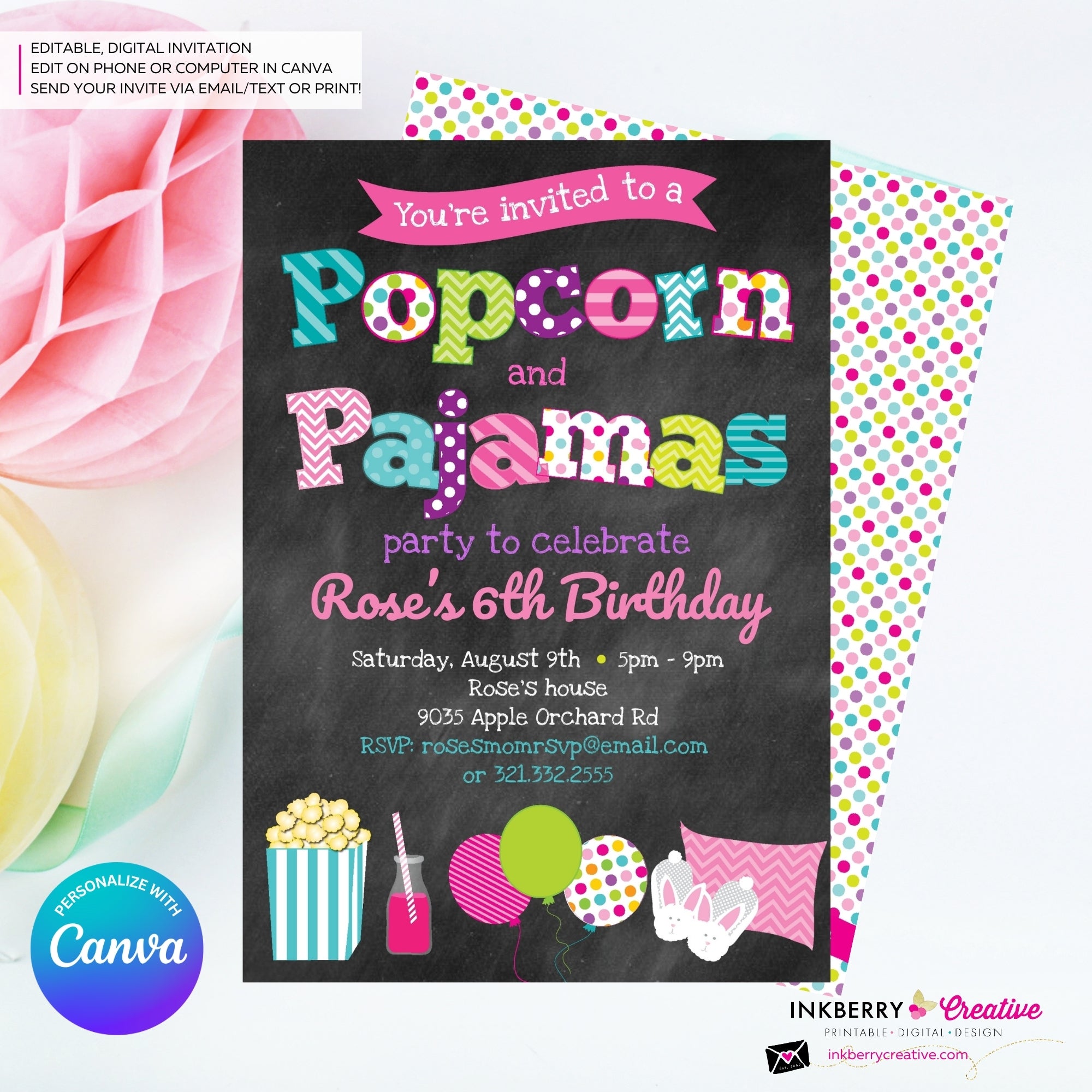 Popcorn and Pajamas (Chalkboard) Party Invitation - Kids Pizza Pajama Birthday Party Invite - Edit in Canva