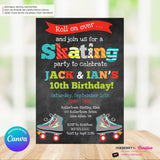 Editable Roller Skating Birthday Party Invitation - Twin Boys Roller Skate Party Invite, Chalkboard, Skating Rink Invite, Edit in Canva