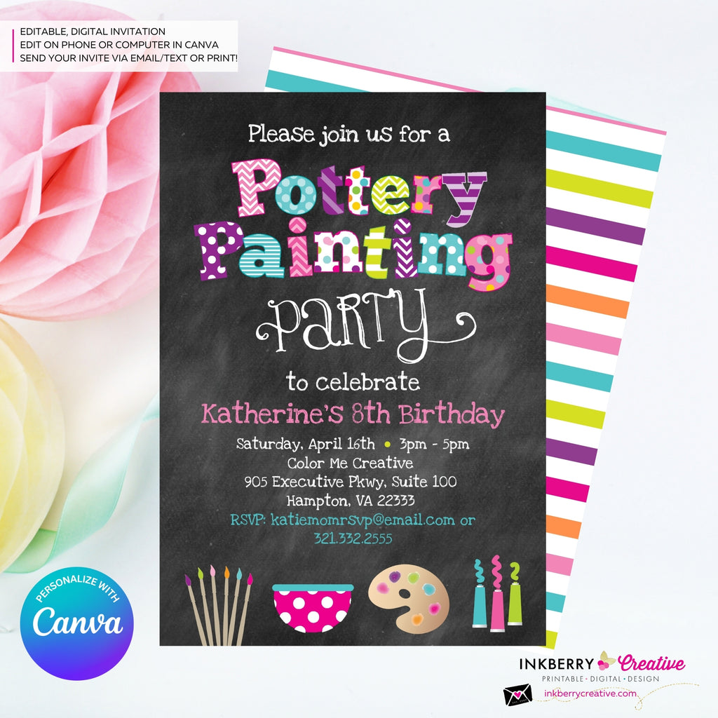 Pottery Painting Party Invitation (Chalkboard Style) - Editable in Canva