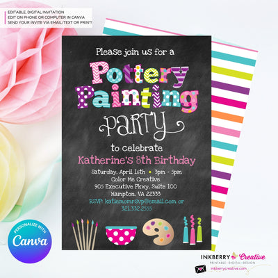 Pottery Painting Party Invitation (Chalkboard Style) - Editable in Canva