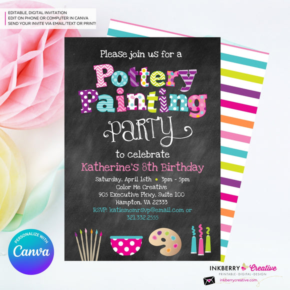 Pottery Painting Party Invitation (Chalkboard Style) - Editable in Canva
