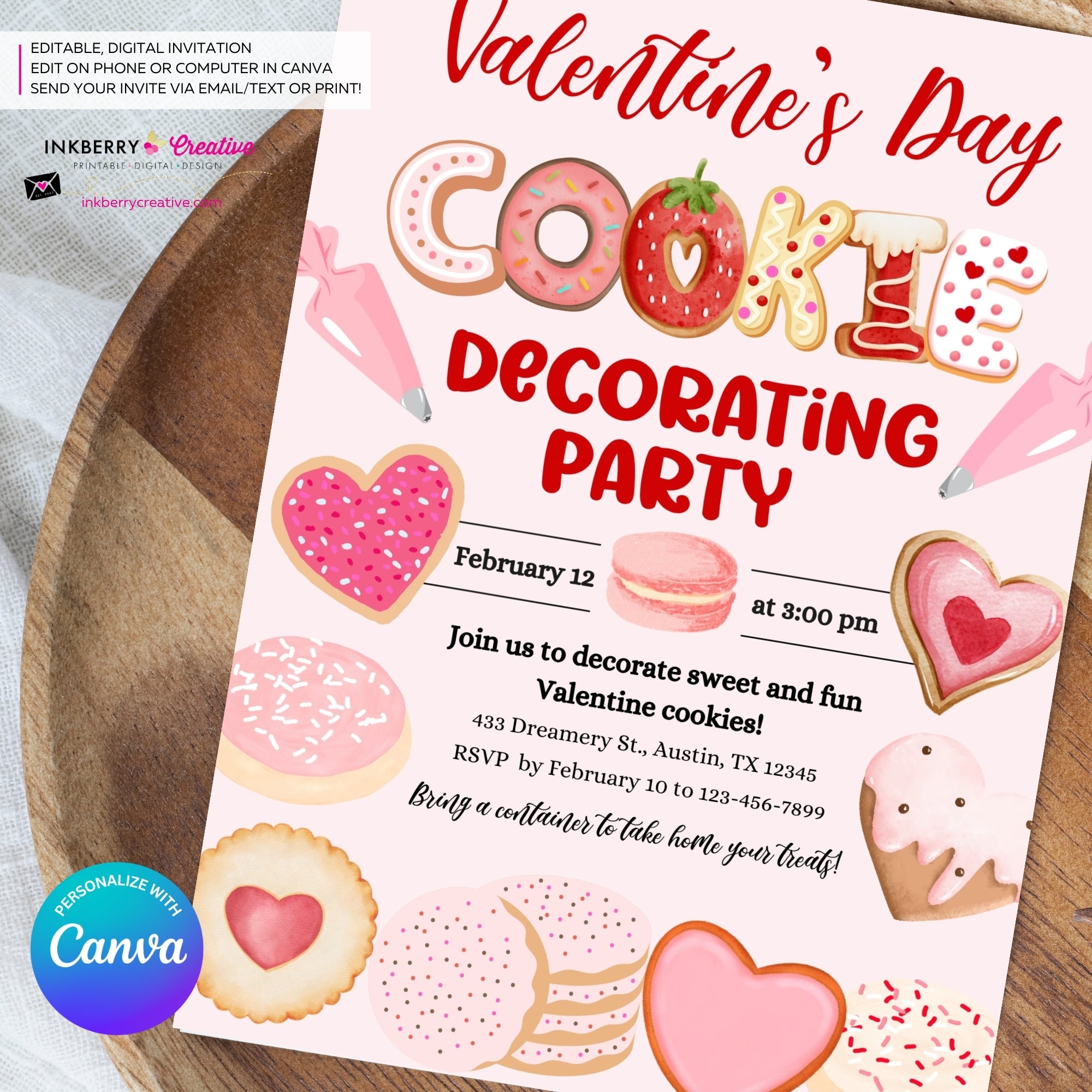Valentine's Day Cookie Decorating Party Invitation, Editable Canva Template, Watercolor, Valentine Cookie Baking Party, Editable Canva Invite