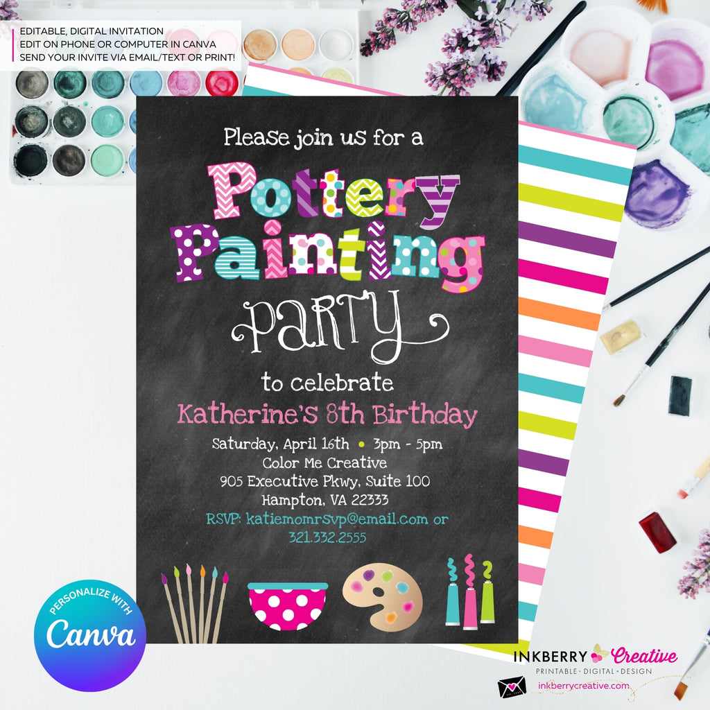 Pottery Painting Party Invitation (Chalkboard Style) - Editable in Canva
