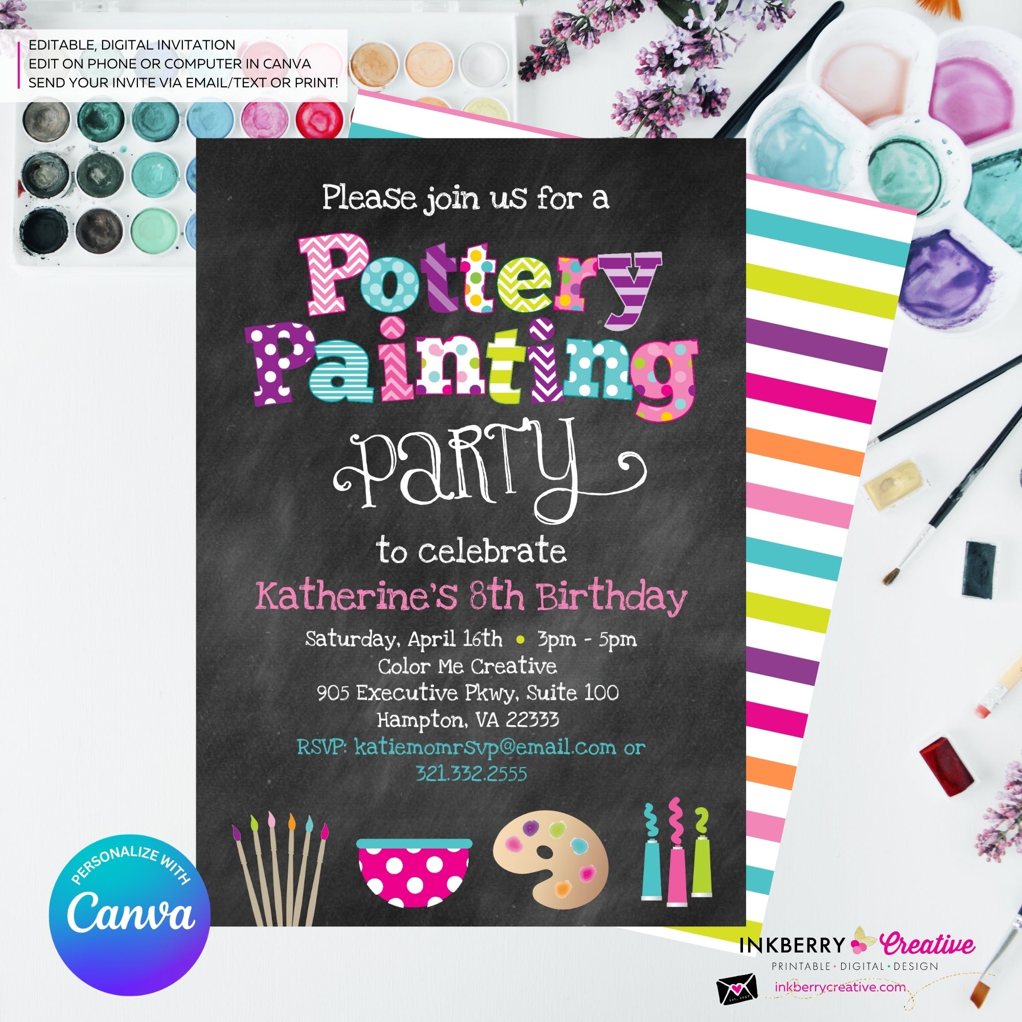 Pottery Painting Party Invitation (Chalkboard Style) - Editable in Canva