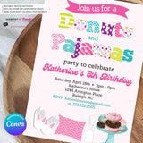 Donuts and Pajamas Party Invitation - Kids Donut Breakfast Pajama Birthday Party Invite - Edit in Canva