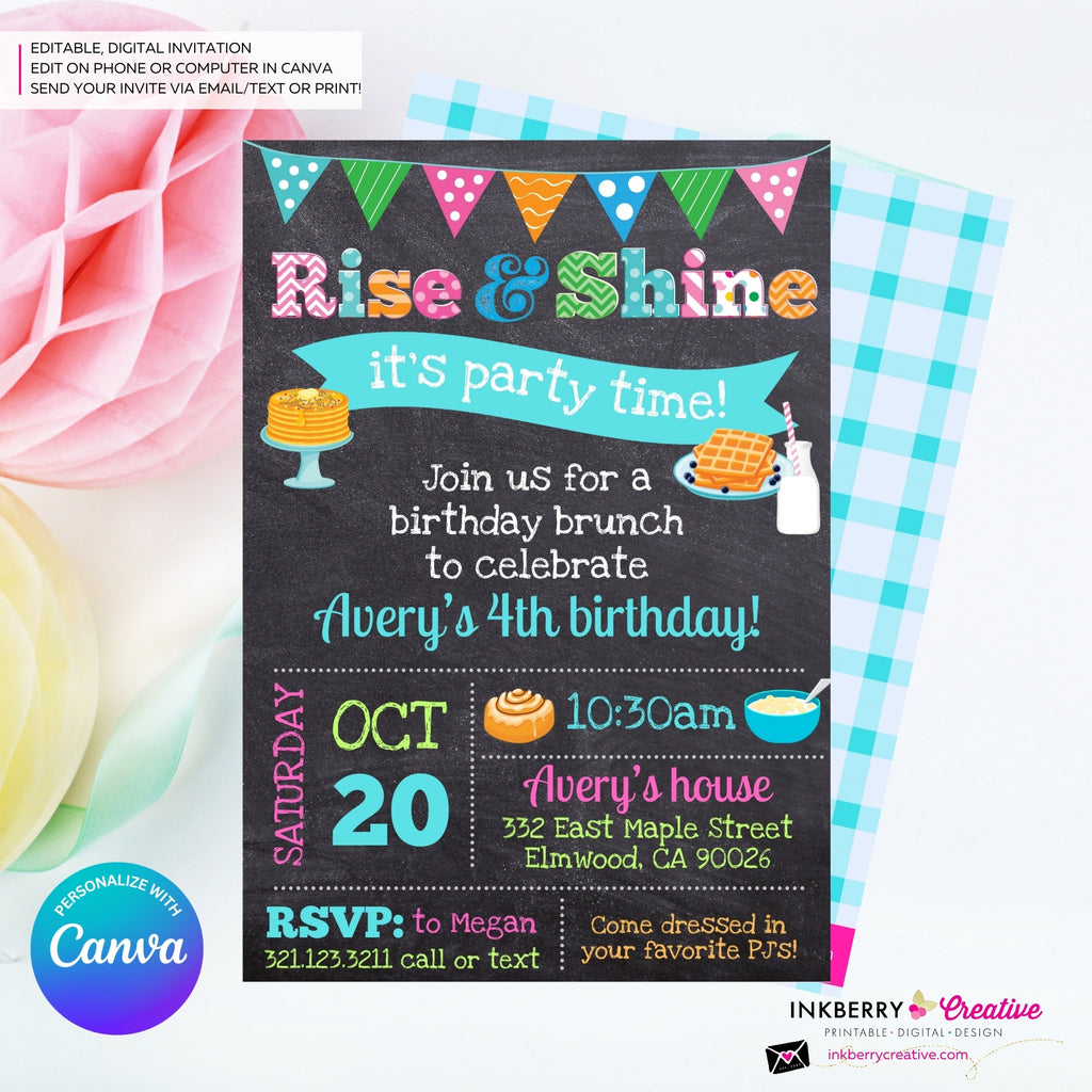 Rise and Shine Brunch Birthday Invitation (Chalkboard) - Editable in Canva