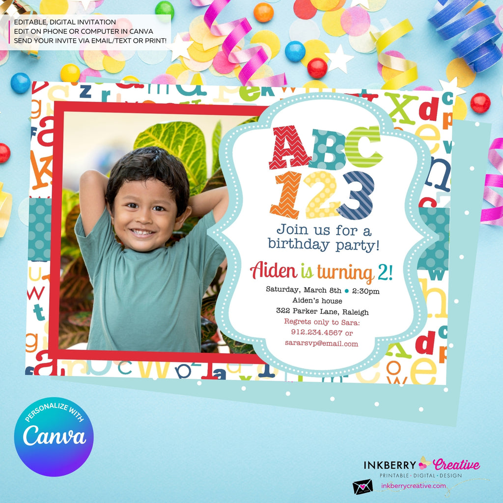 Alphabet Birthday Party Photo Invitation - Printable, Instant Download, Personalize and Edit in Canva