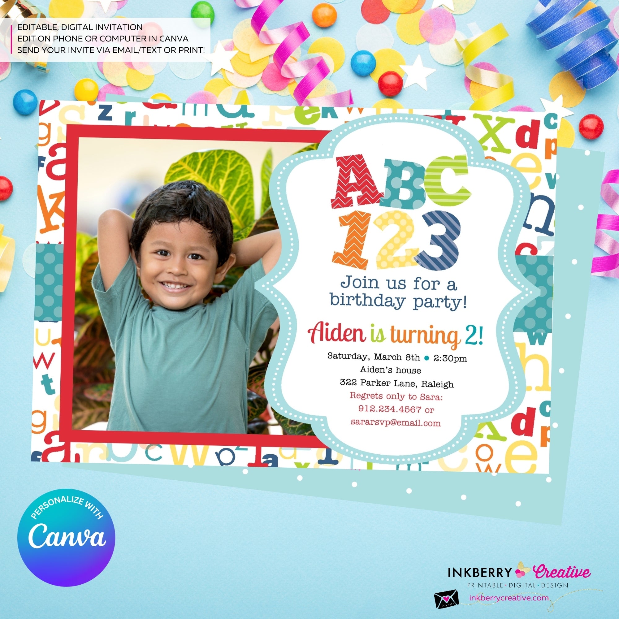 Alphabet Birthday Party Photo Invitation - Printable, Instant Download, Personalize and Edit in Canva