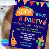 Taco Bout a Party Invitation (BLUE) Mexican Fiesta, Canva Template (Digital Printable File)