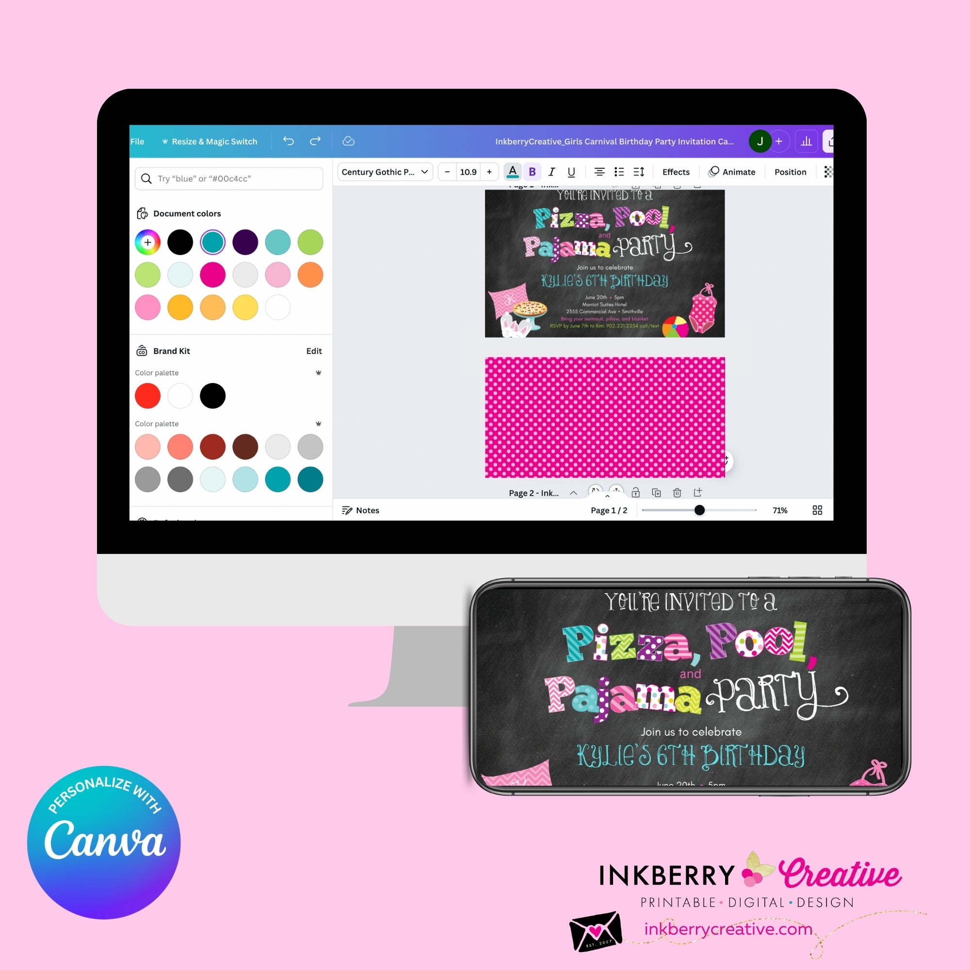 Pizza, Pool, and Pajama Birthday Party Invitation - Chalkboard Style - Personalize and Edit in Canva