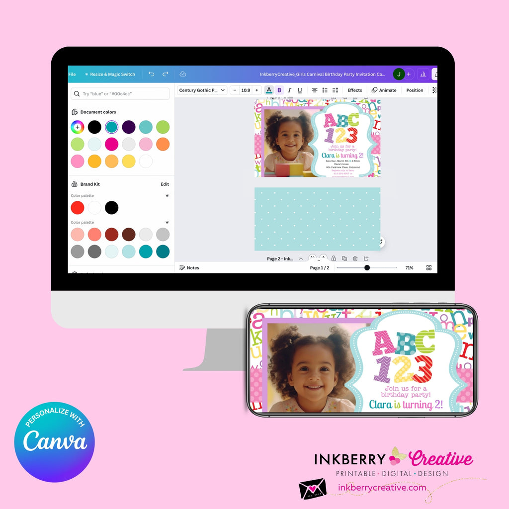 Alphabet Birthday Party Photo Invitation Girls - Alphabet Theme Party Invite - Girl ABC Birthday Party - Personalize and Edit in Canva