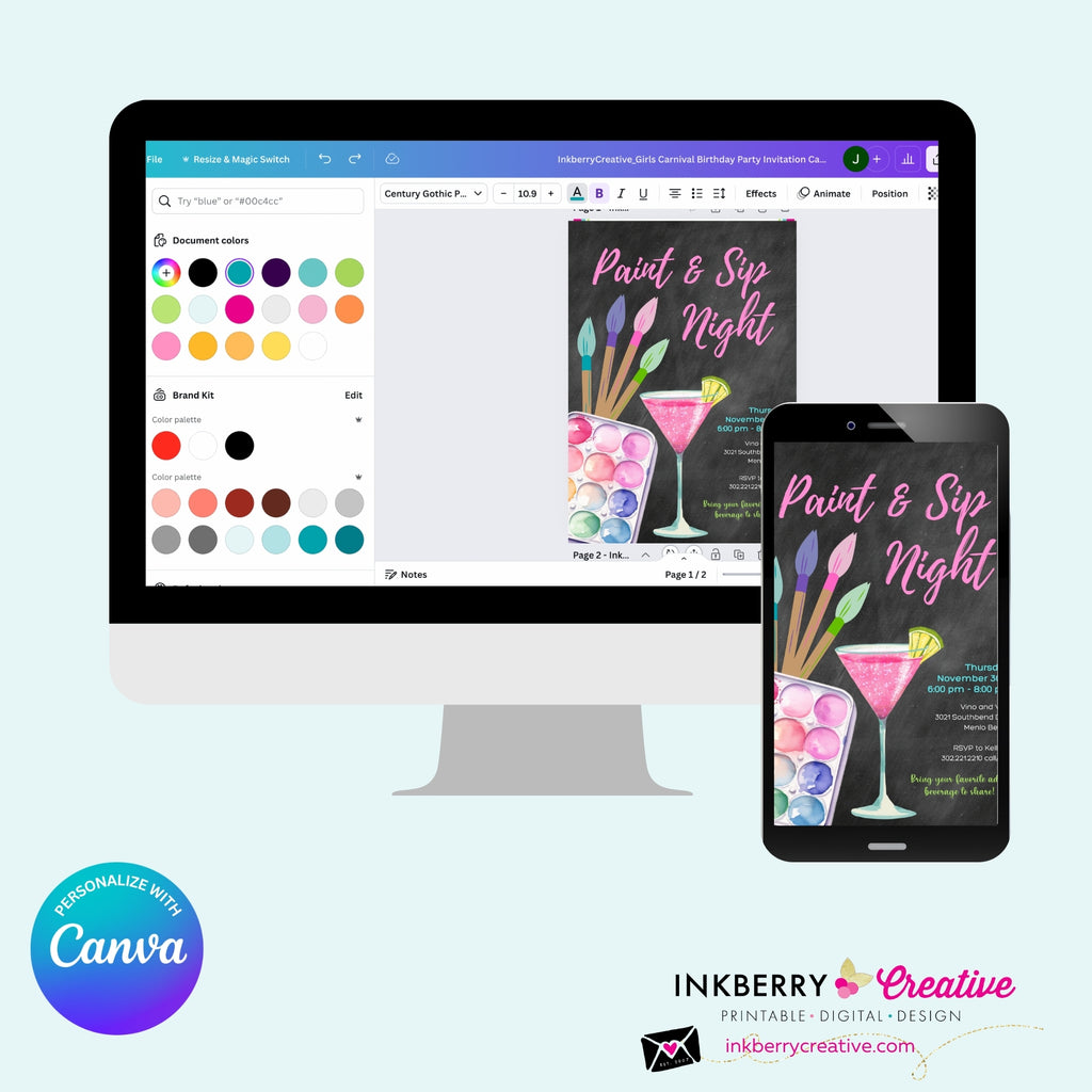 Paint & Sip Invitation, Girls Night Painting Wine Party Invite, Chalkboard, Printable, Instant Download, Digital File, Edit in Canva