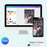 Paint & Sip Invitation, Girls Night Painting Wine Party Invite, Chalkboard, Printable, Instant Download, Digital File, Edit in Canva