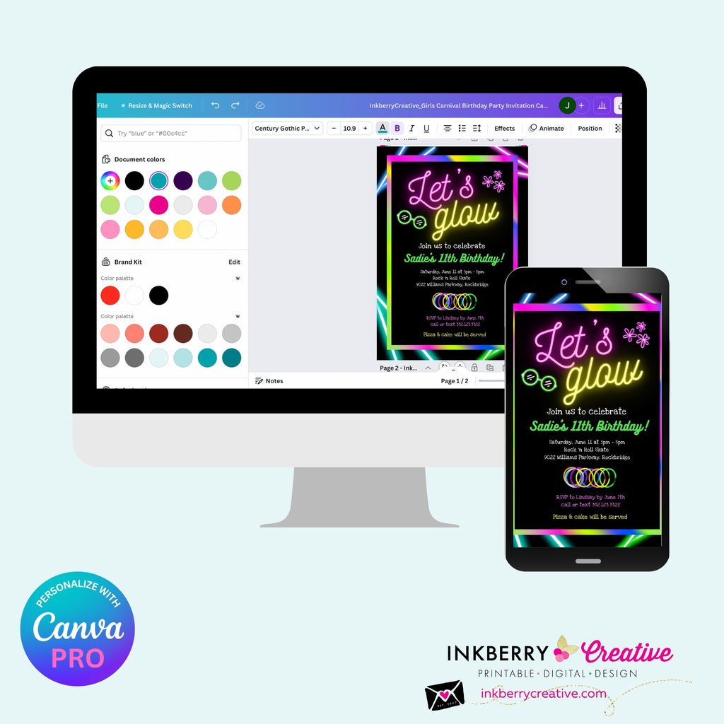 Neon Glow Party Invitation - Let's Glow Party Invite, Glow in the Dark, Roller Skate, Printable, Instant Download, Edit in CANVA PRO