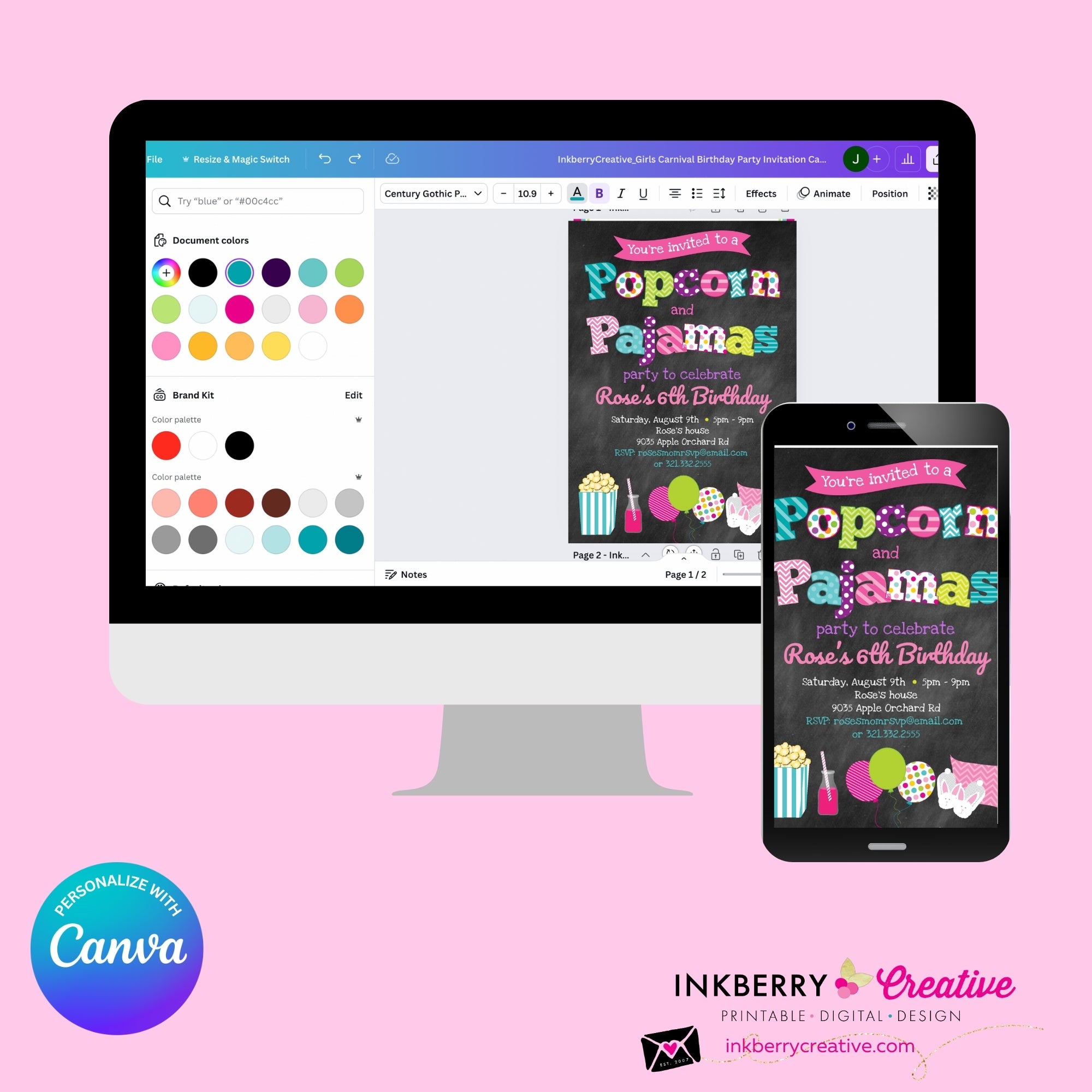Popcorn and Pajamas (Chalkboard) Party Invitation - Kids Pizza Pajama Birthday Party Invite - Edit in Canva