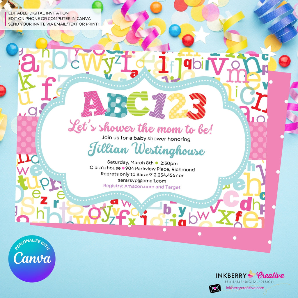 Alphabet Baby Girl Shower Invitation, ABC Baby Shower, ABC123, Printable, Digital, Instant Download, Edit in Canva