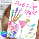 Paint & Sip Invitation, Girls Night Painting Wine Party Invite, Printable, Instant Download, Digital File, Edit in Canva