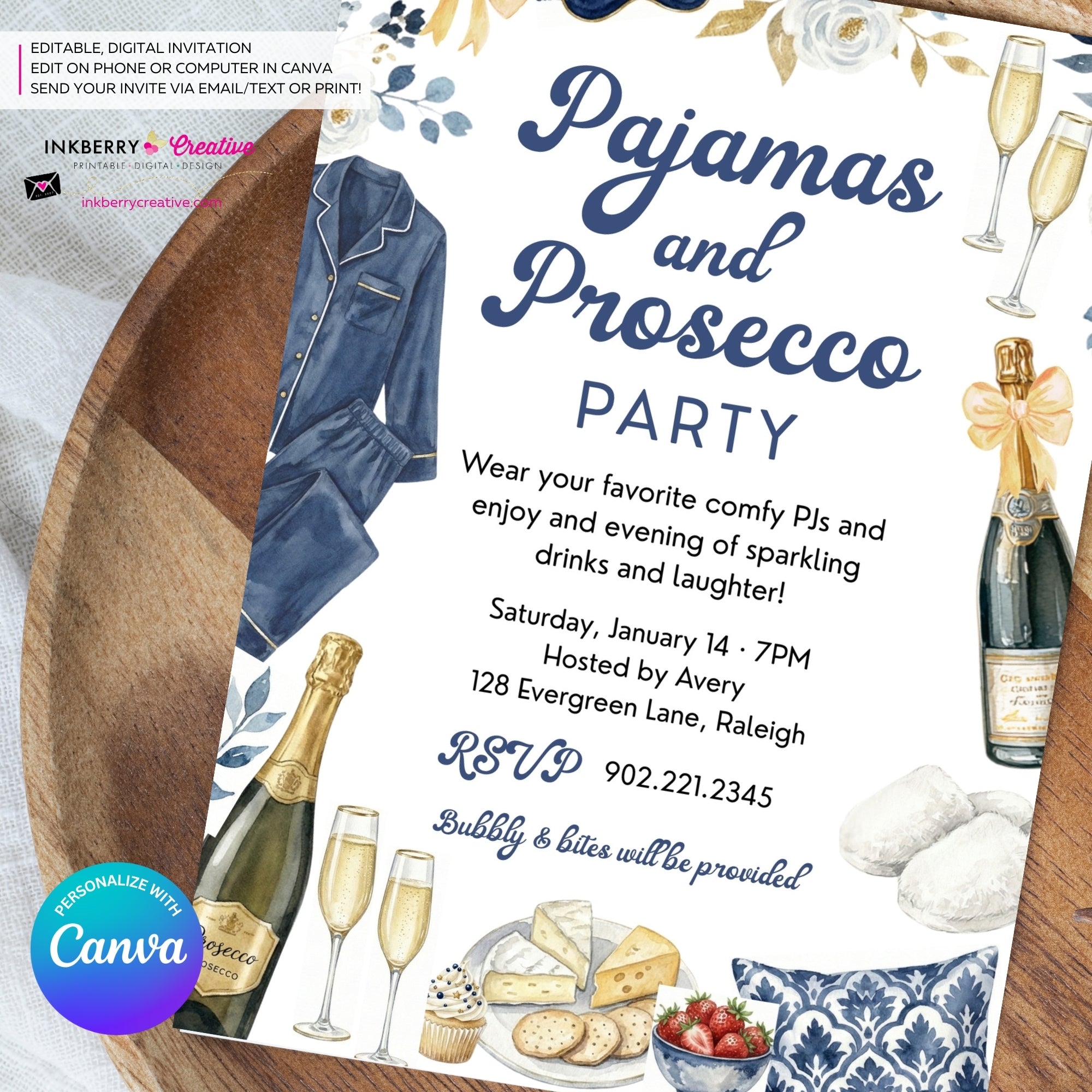 Pajamas and Prosecco Party Invitation (Navy Blue) - Editable in Canva