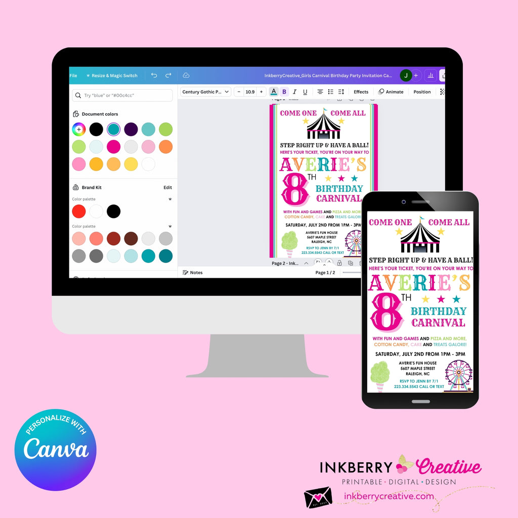 Carnival Theme Birthday Invitation for Girls - Editable in Canva