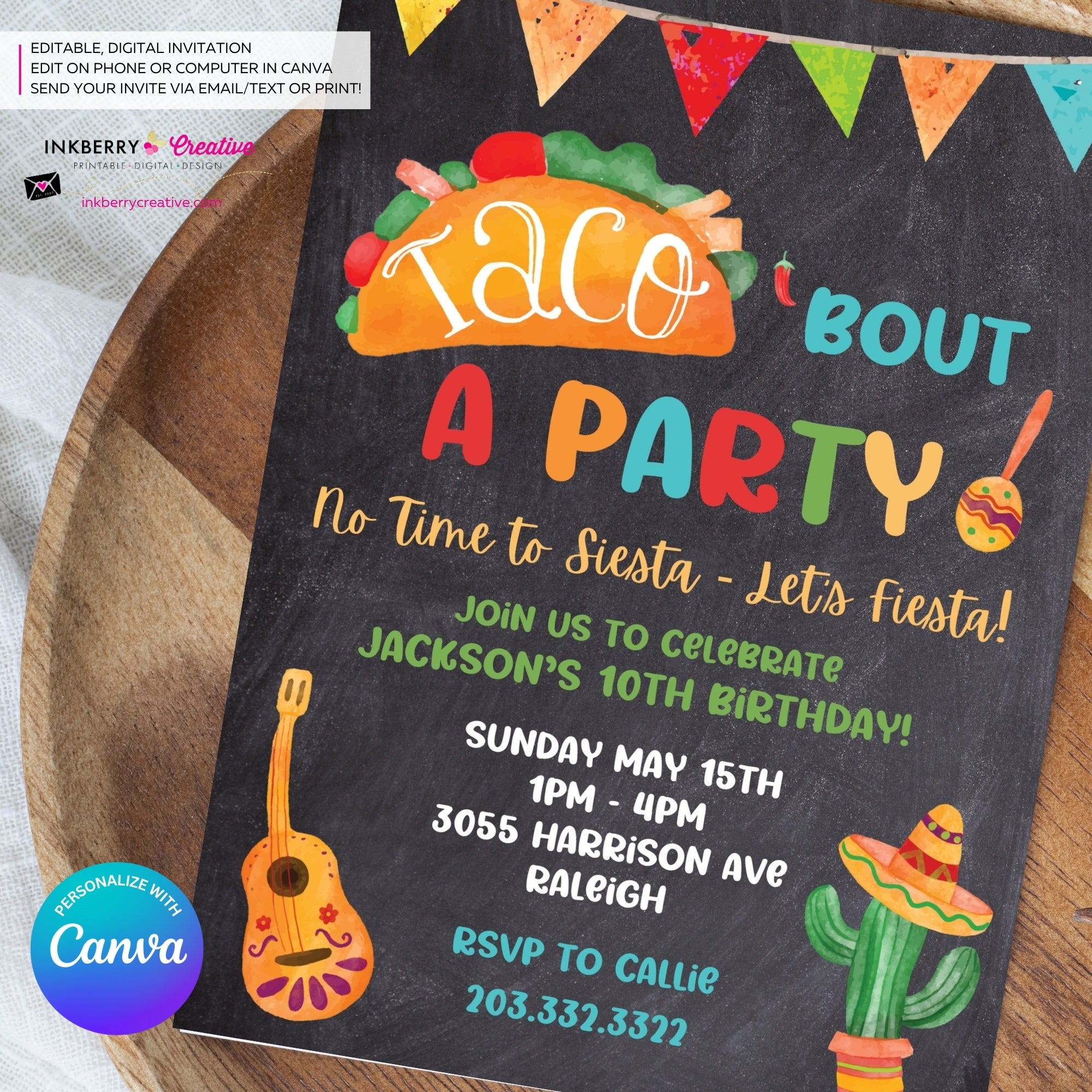 Taco Bout a Party Invitation (CHALK) Mexican Fiesta, Canva Template (Digital Printable File)