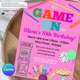 Game On Girls Pink Arcade, Pizza, Bowling Birthday Party Digital, Printable Invitation - Edit in Canva