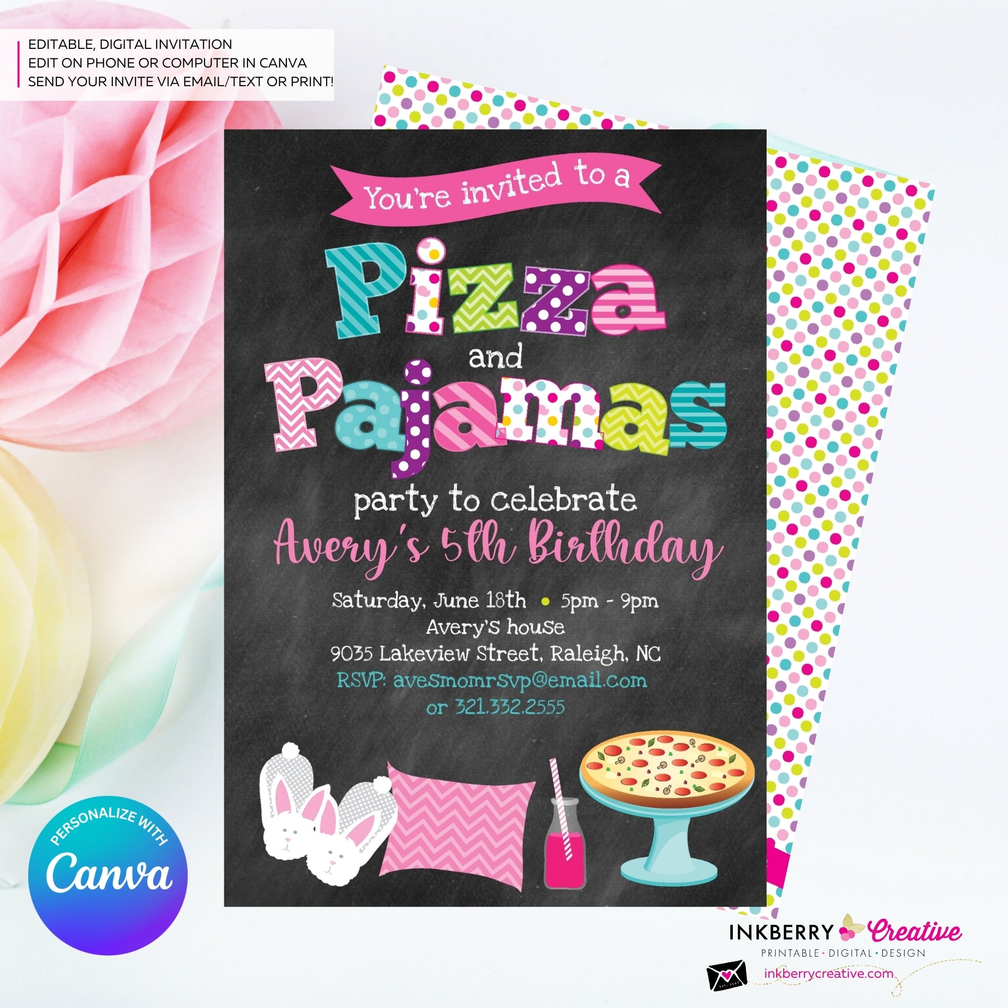 Pizza and Pajamas Party Invitation (Chalkboard Style) - Kids Pizza Pajama Birthday Party Invite - Edit in Canva