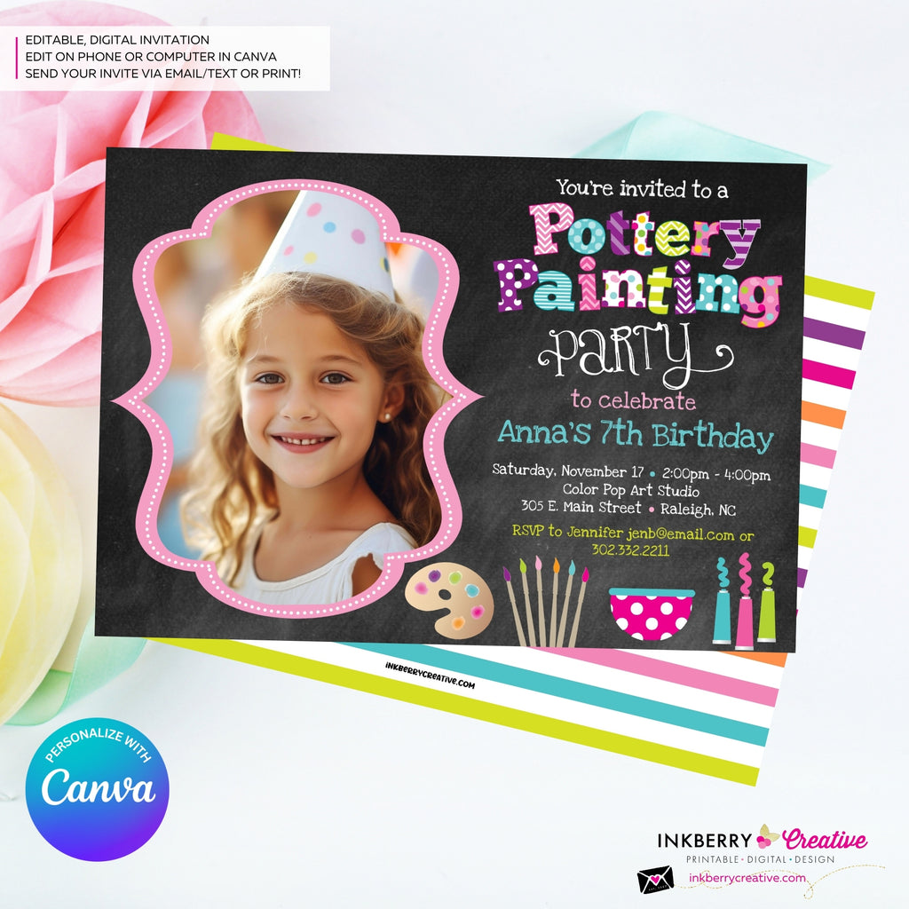 Pottery Painting Photo Party Invitation (Chalkboard Style) - Editable in Canva
