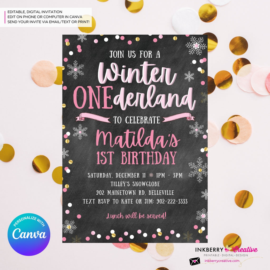 Whimsical Winter Wonderland 1st Birthday Invite - Snowflake Chalkboard Theme - ONEderland - Pink Gold, Personalize and Edit in Canva
