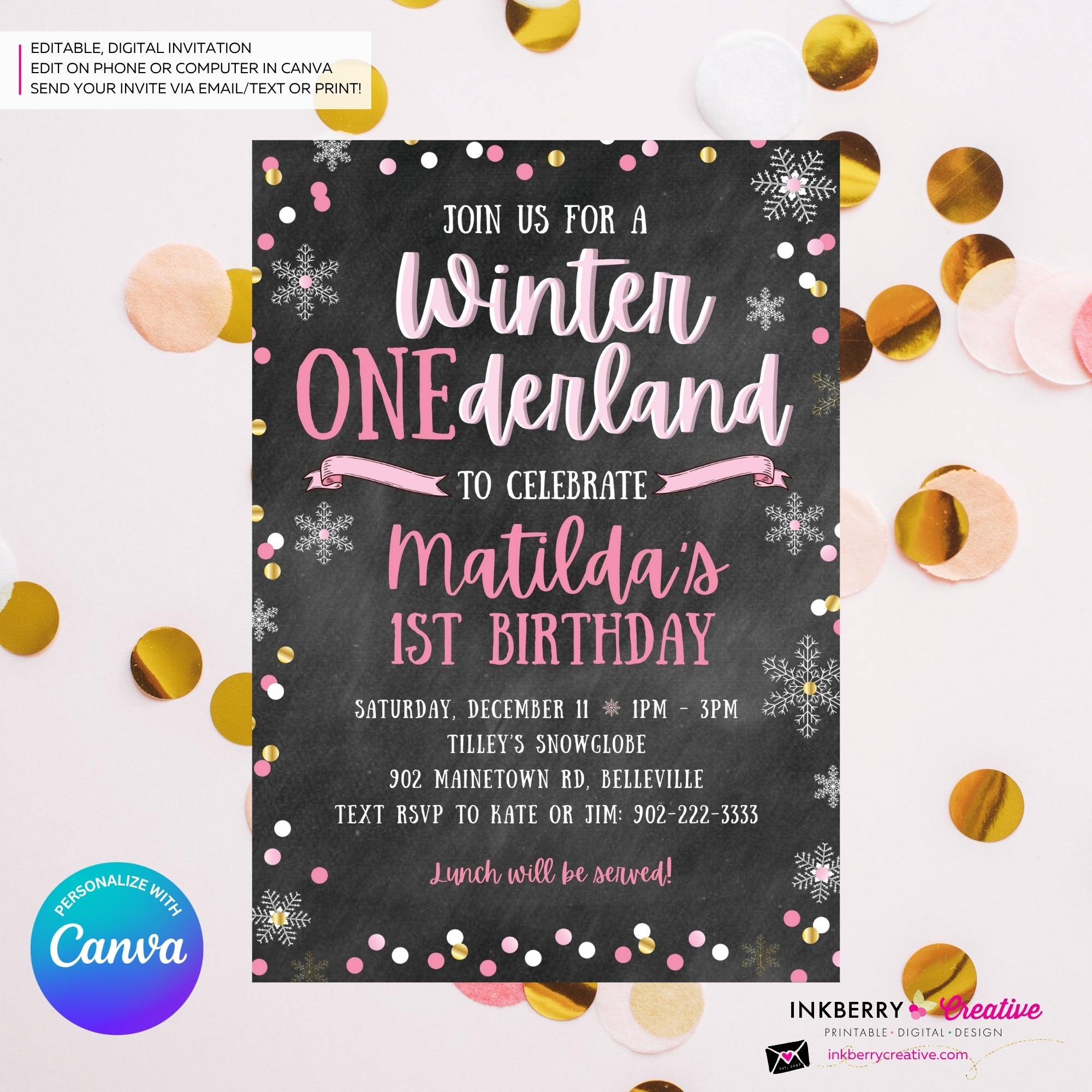Whimsical Winter Wonderland 1st Birthday Invite - Snowflake Chalkboard Theme - ONEderland - Pink Gold, Personalize and Edit in Canva