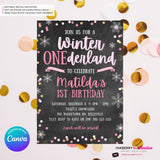 Whimsical Winter Wonderland 1st Birthday Invite - Snowflake Chalkboard Theme - ONEderland - Pink Gold, Personalize and Edit in Canva
