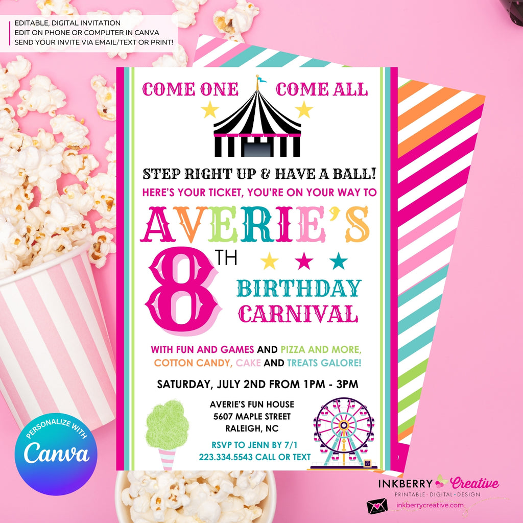 Carnival Theme Birthday Invitation for Girls - Editable in Canva