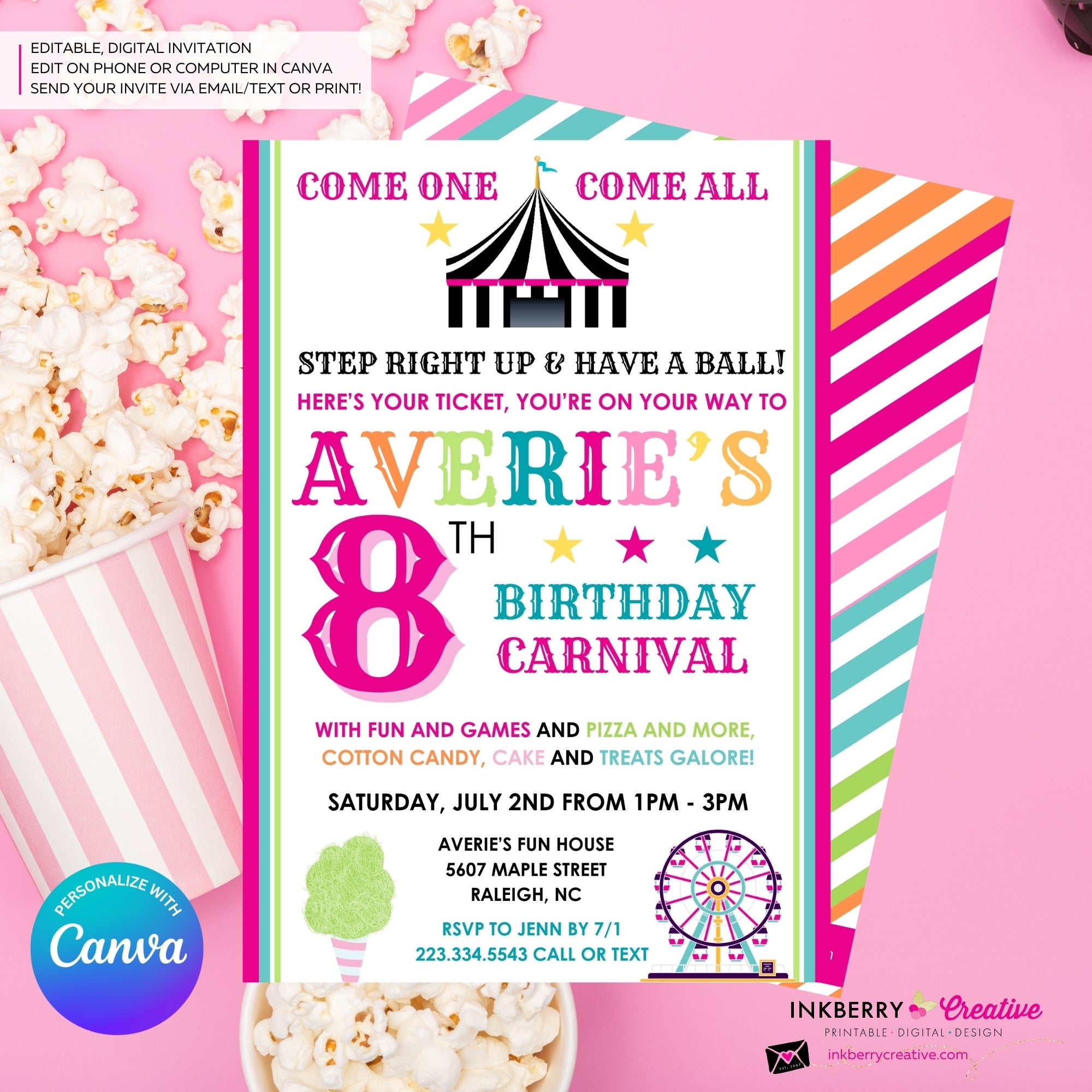 Carnival Theme Birthday Invitation for Girls - Editable in Canva