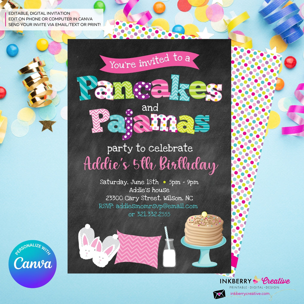 Pancakes and Pajamas Party Invitation (Chalkboard Style) - Kids Pancakes Pajama Birthday Party Invite - Edit in Canva