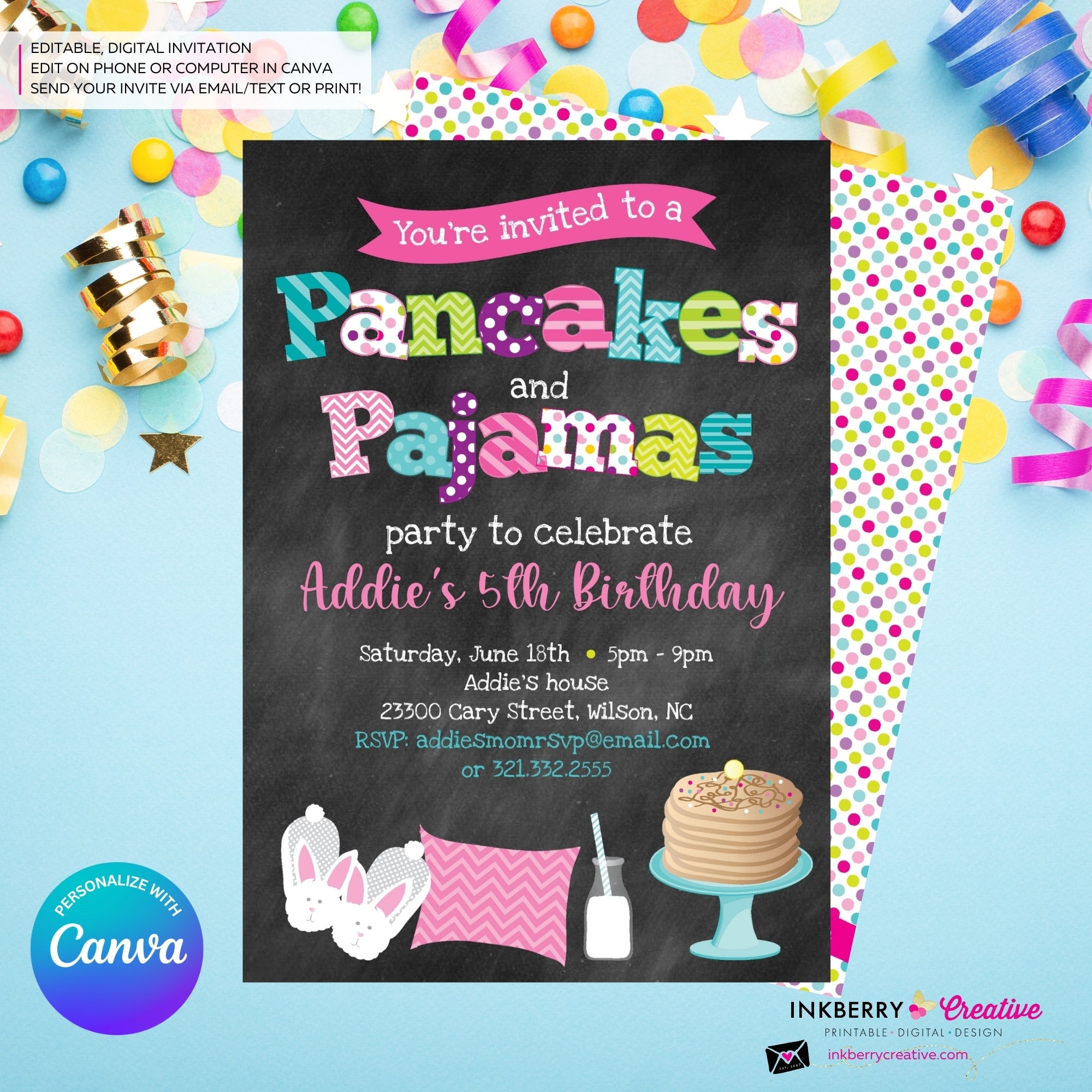Pancakes and Pajamas Party Invitation (Chalkboard Style) - Kids Pancakes Pajama Birthday Party Invite - Edit in Canva