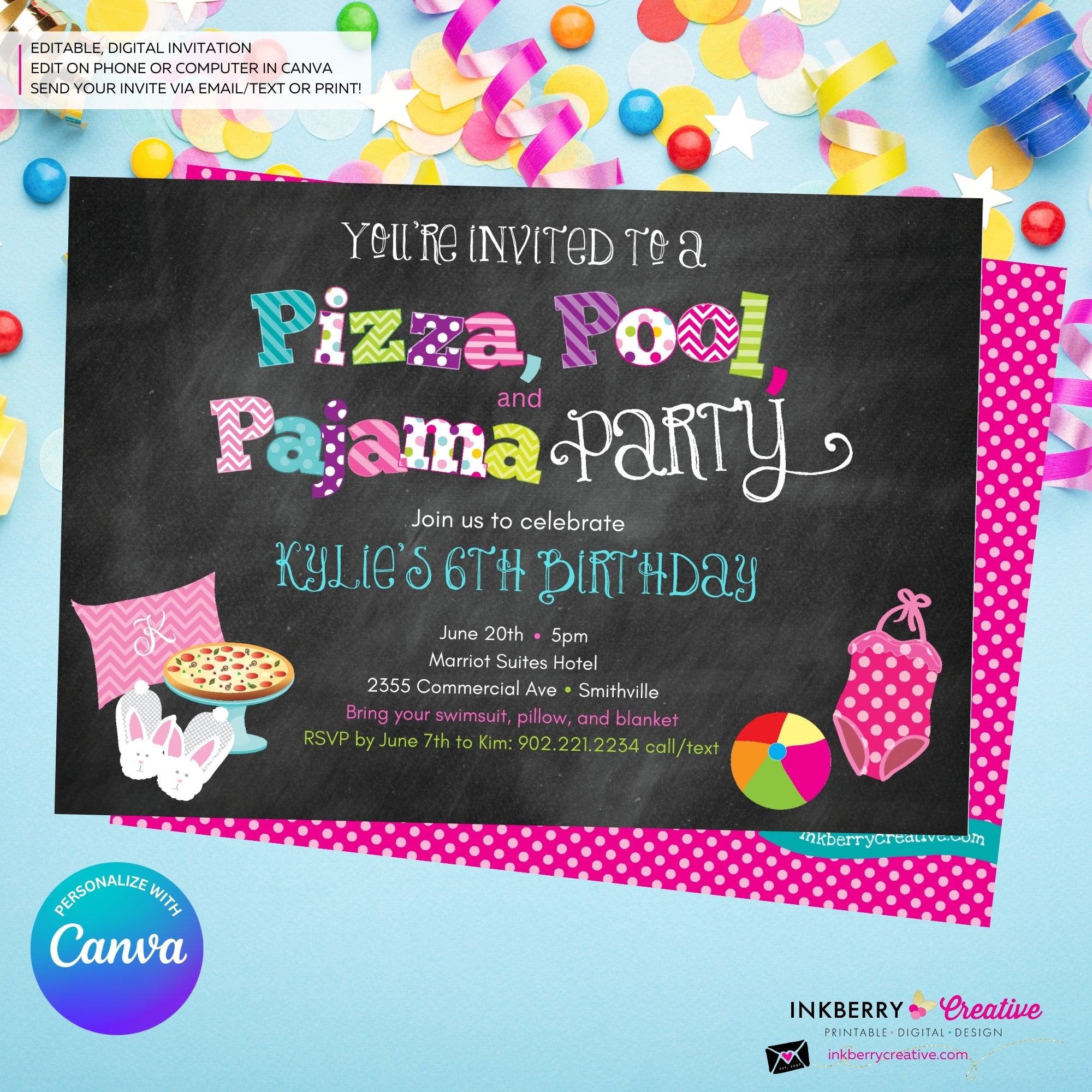 Pizza, Pool, and Pajama Birthday Party Invitation - Chalkboard Style - Personalize and Edit in Canva
