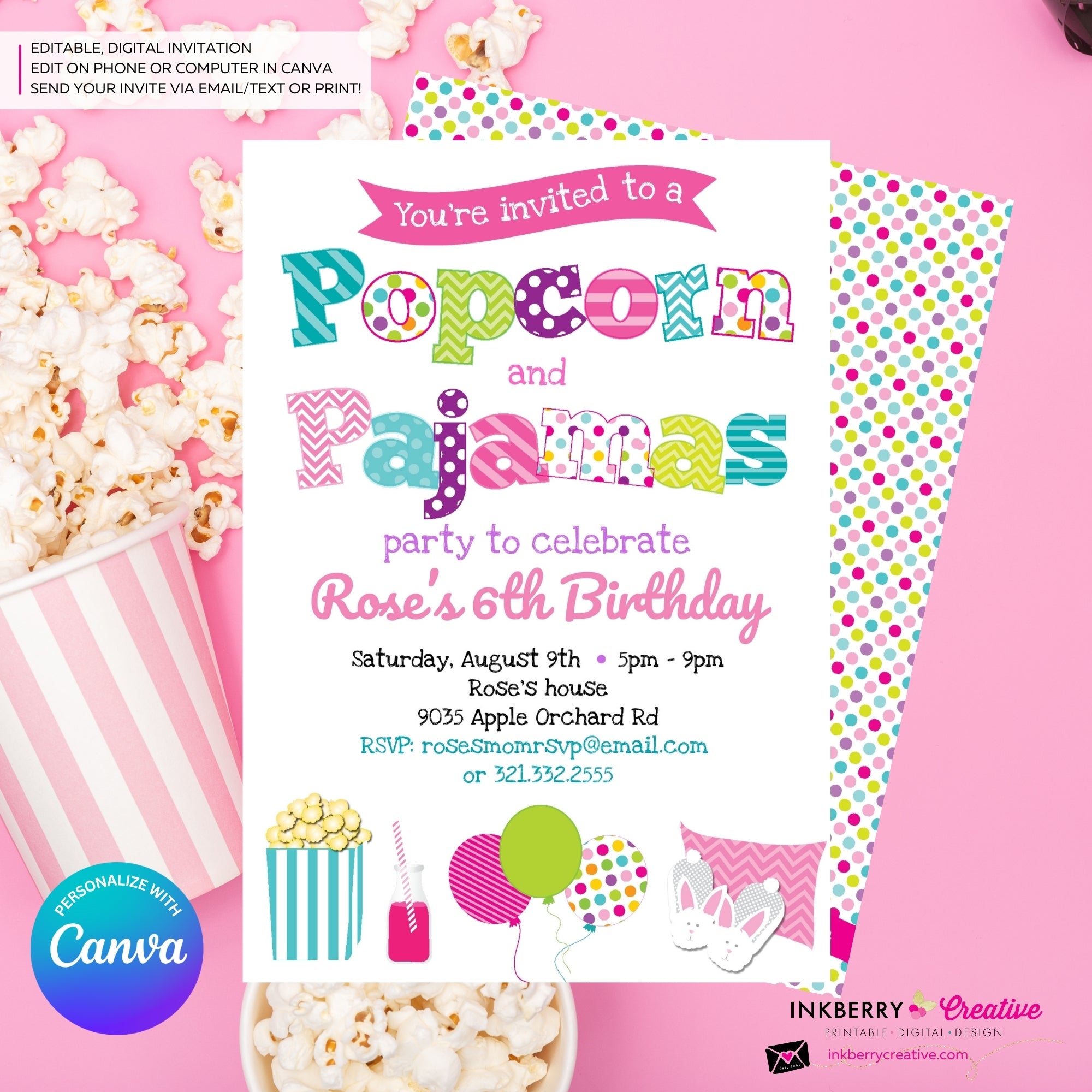 Popcorn and Pajamas Party Invitation - Kids Pizza Pajama Birthday Party Invite - Edit in Canva