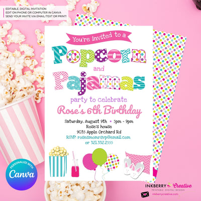 Popcorn and Pajamas Party Invitation - Kids Pizza Pajama Birthday Party Invite - Edit in Canva
