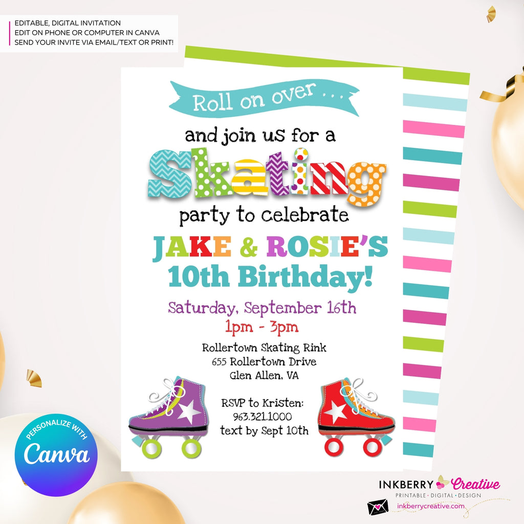 Editable Roller Skating Birthday Party Invitation, Boy Girl Roller Skate Party Invite, Roller Skating Rink Invite, Edit in Canva
