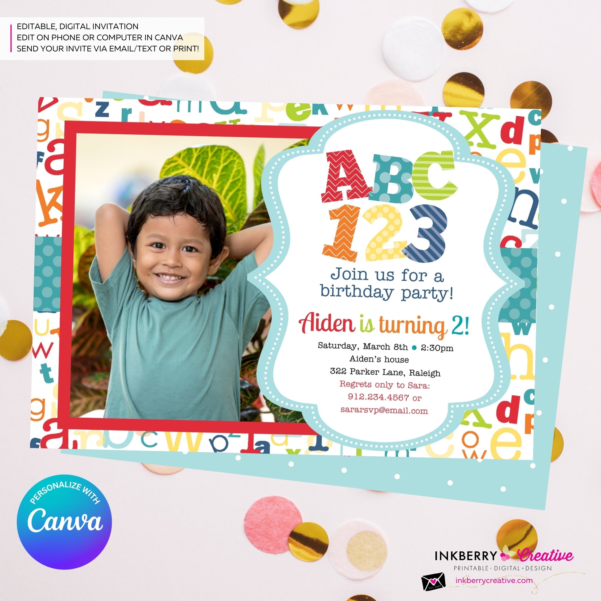 Alphabet Birthday Party Photo Invitation - Printable, Instant Download, Personalize and Edit in Canva