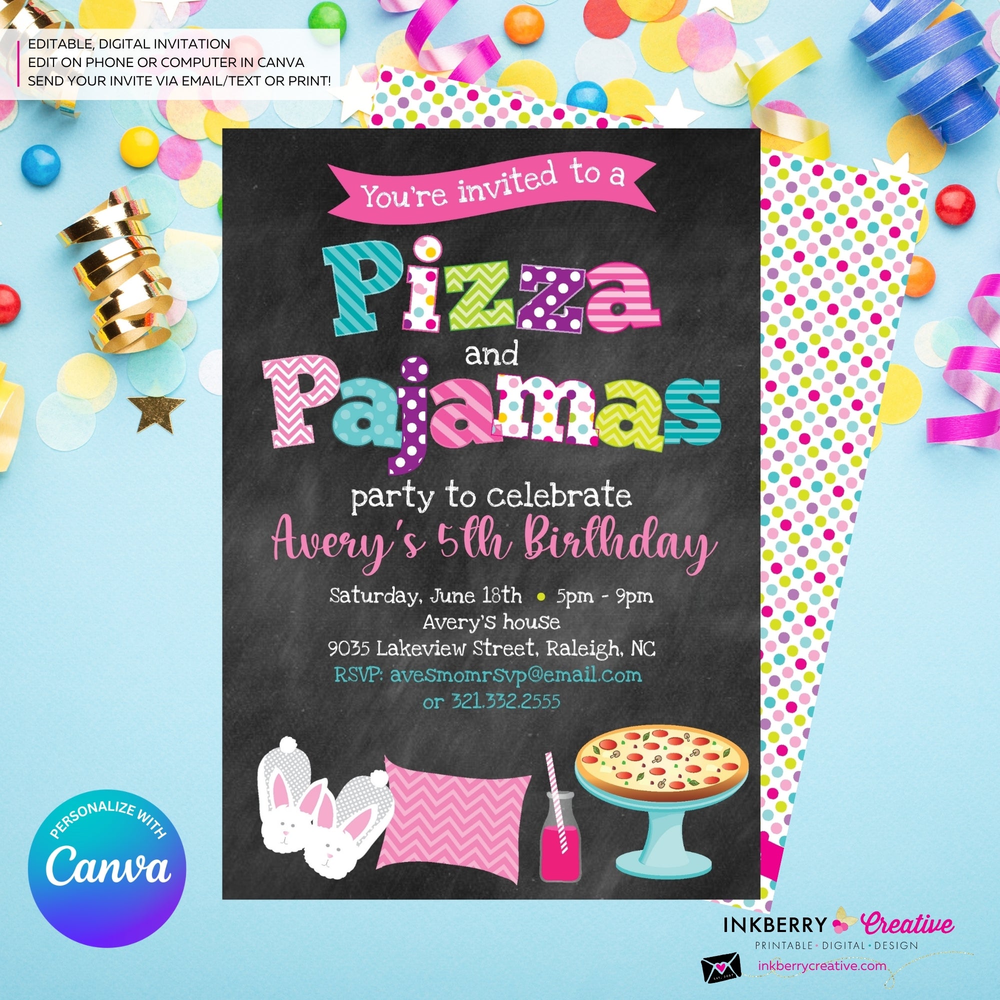 Pizza and Pajamas Party Invitation (Chalkboard Style) - Kids Pizza Pajama Birthday Party Invite - Edit in Canva