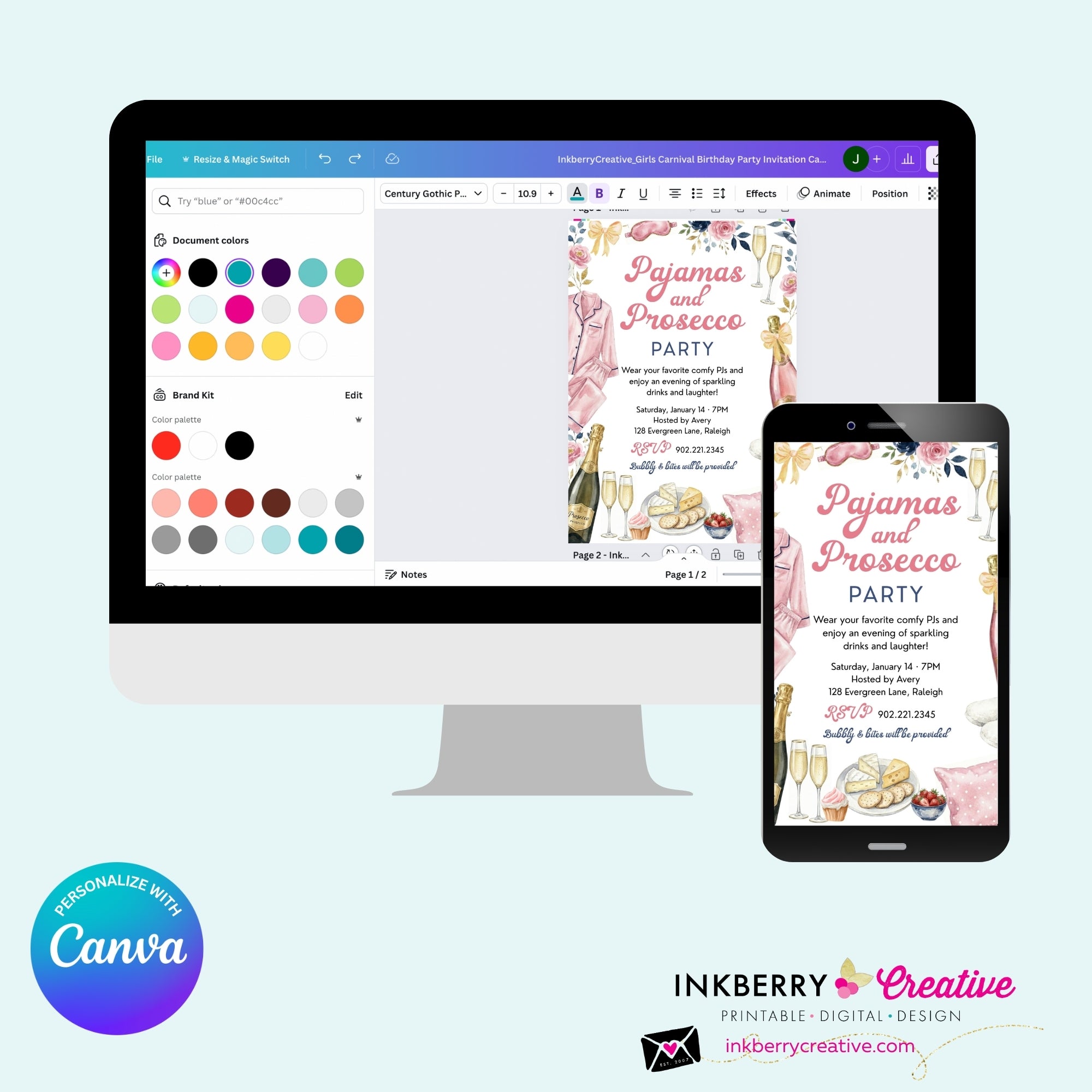 Pajamas and Prosecco Party Invitation (Pink) - Editable in Canva