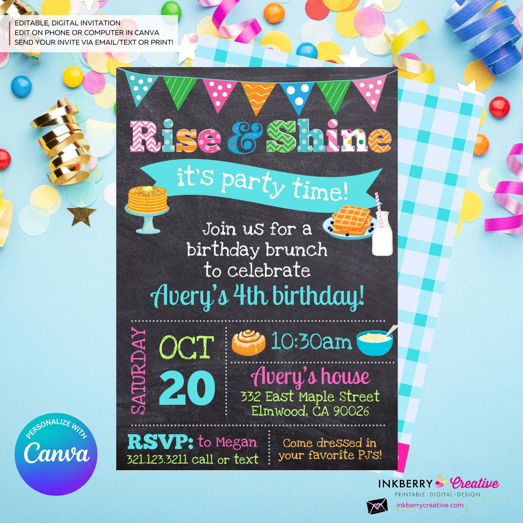 Rise and Shine Brunch Birthday Invitation (Chalkboard) - Editable in Canva