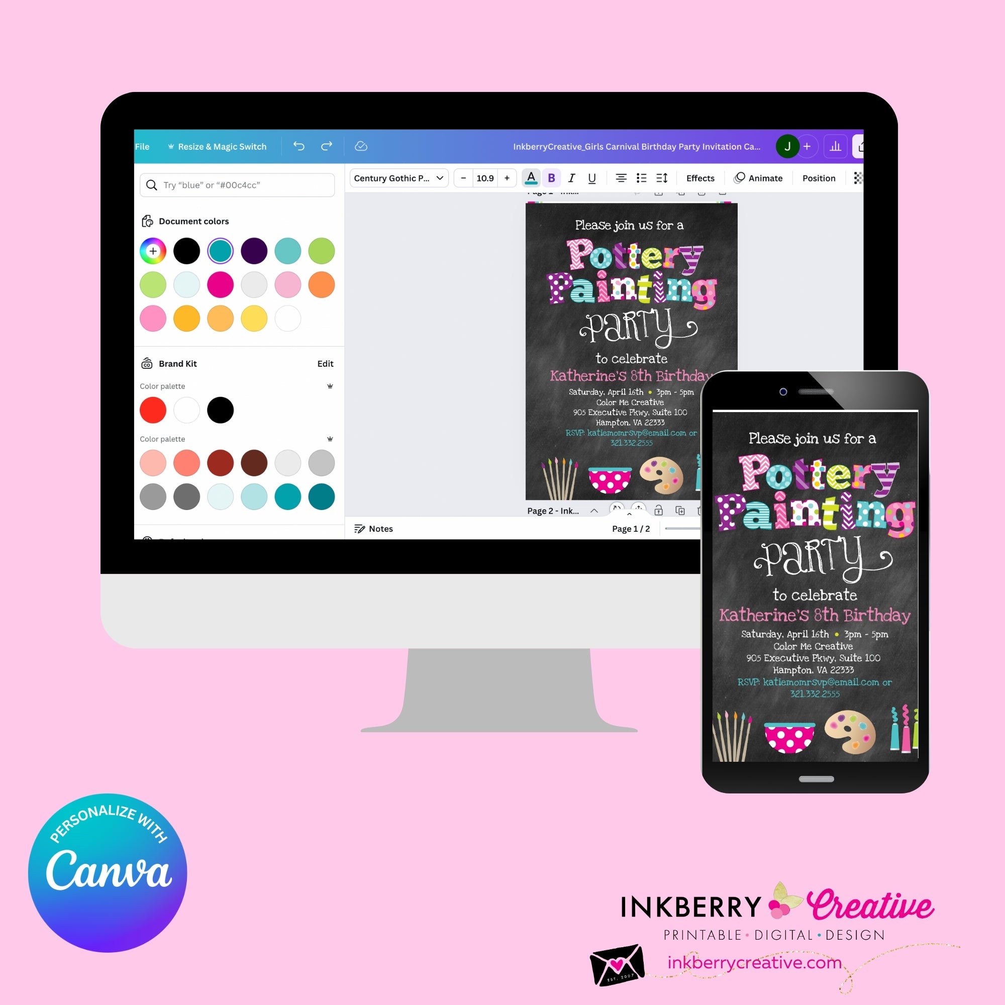 Pottery Painting Party Invitation (Chalkboard Style) - Editable in Canva