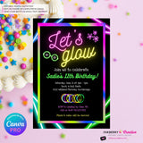 Neon Glow Party Invitation - Let's Glow Party Invite, Glow in the Dark, Roller Skate, Printable, Instant Download, Edit in CANVA PRO